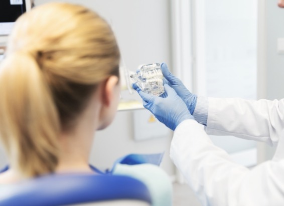 Dentist showing a patient a model of the teeth